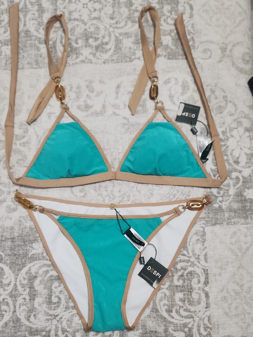 Despi Swimwear. Turquoise & Tan Triangle Bikini Set with Gold Hardware